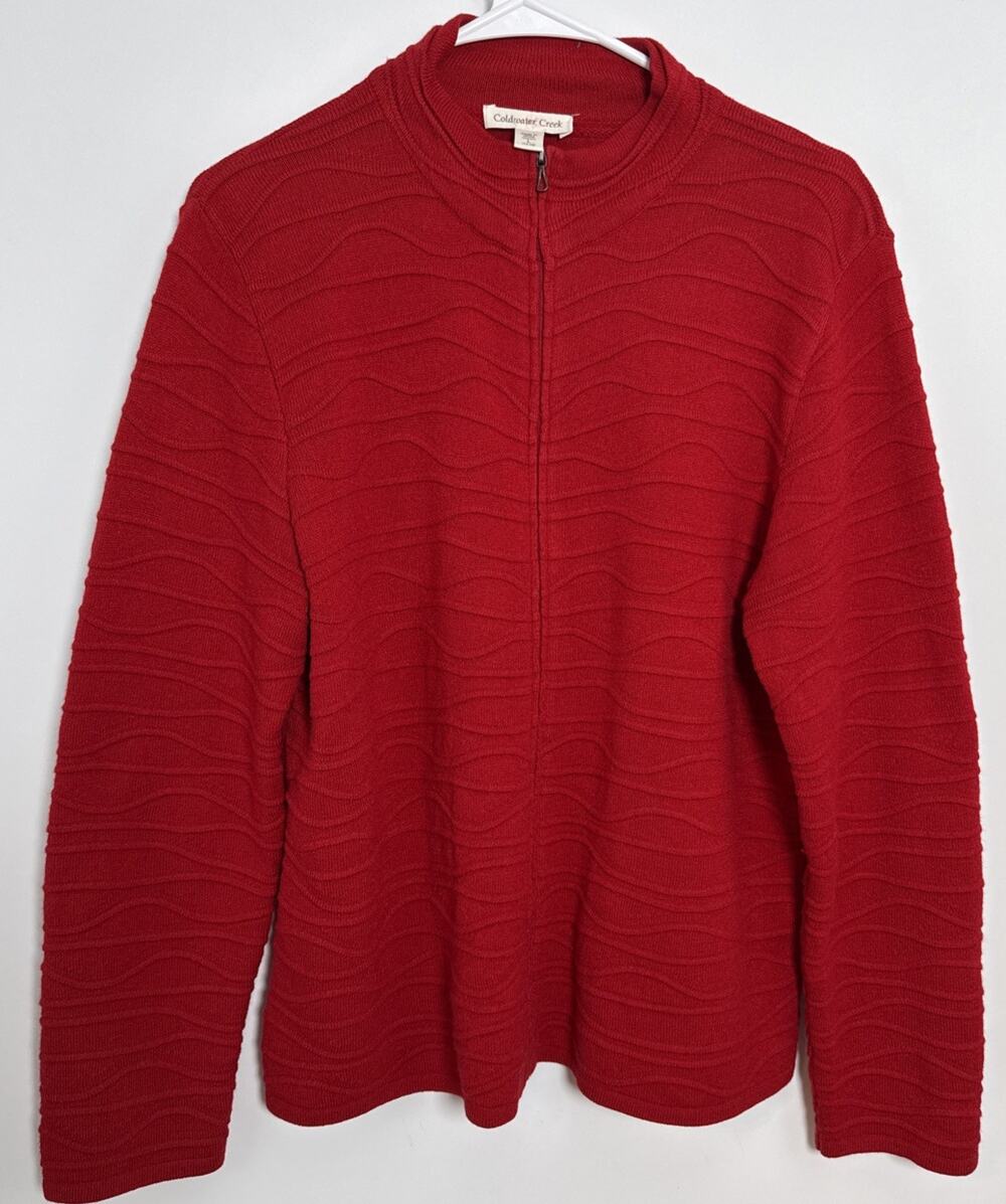 Coldwater Creek Women’s Red Zip Cardigan Knit Sweater Size Large Wavy Textured